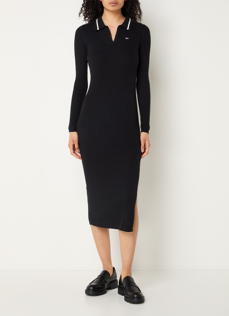 Tommy Hilfiger - Ribgebreide midi jurk in wolblend met polokraag - Zwart