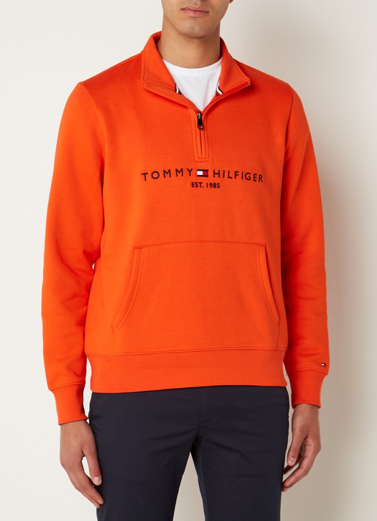 Tommy Hilfiger - Sweater met halve rits en logoborduring - Oranjerood