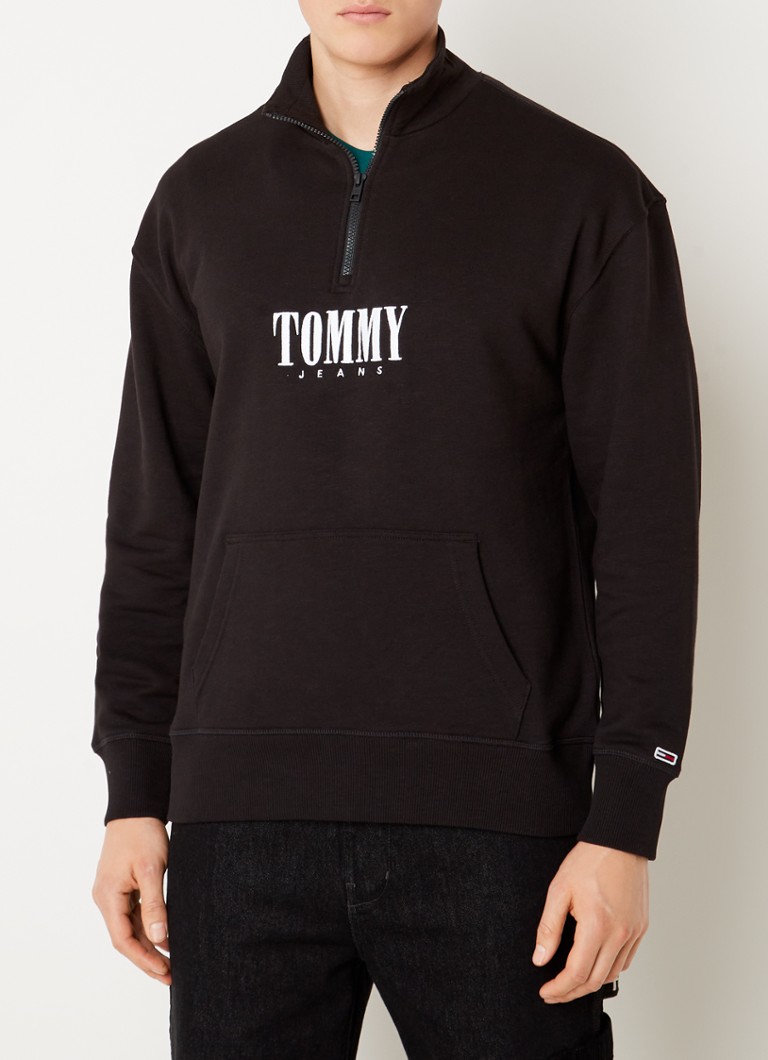 Tommy Hilfiger - Sweater met logoborduring en halve rits - Zwart