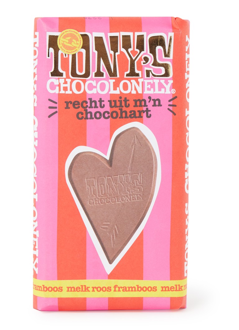 Tony's Chocolonely - Recht uit m'n chocohart Melk Roos Framboos chocoladereep 180 gram - null