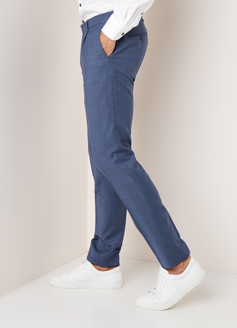 Van Gils - Craig tailored fit pak van wol met pied-de-poule dessin - Middenblauw