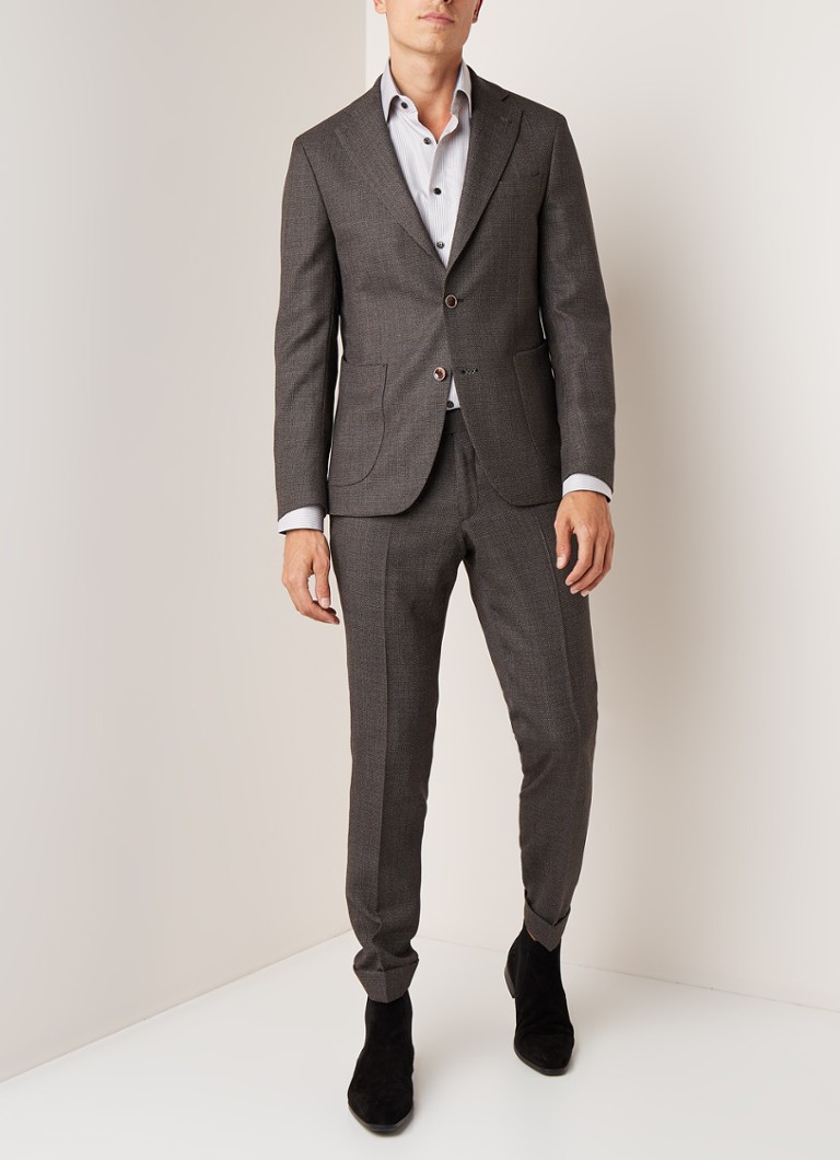 Van Gils - Elliott tailored fit pak van scheerwol met micro dessin - Bruin