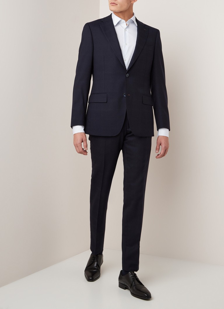 Van Gils - Ellis tailored fit pak van wol met ruitdessin - Donkerblauw