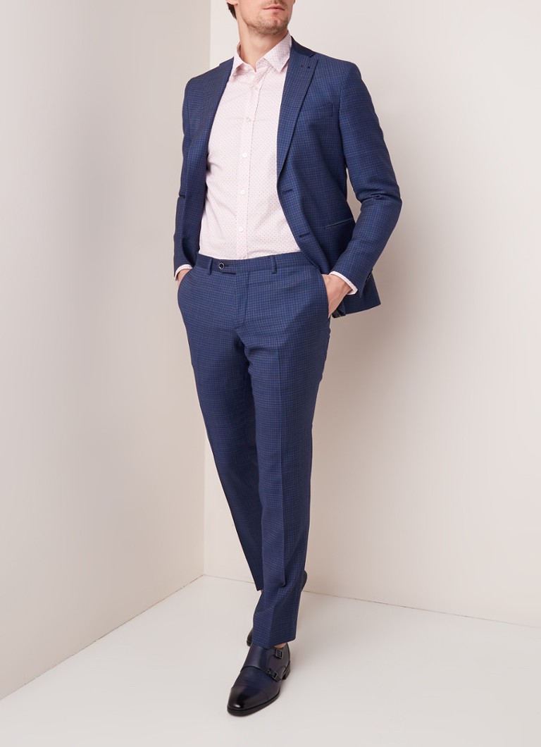 Van Gils - Elray slim fit pak van wol met ruitdessin - Donkerblauw