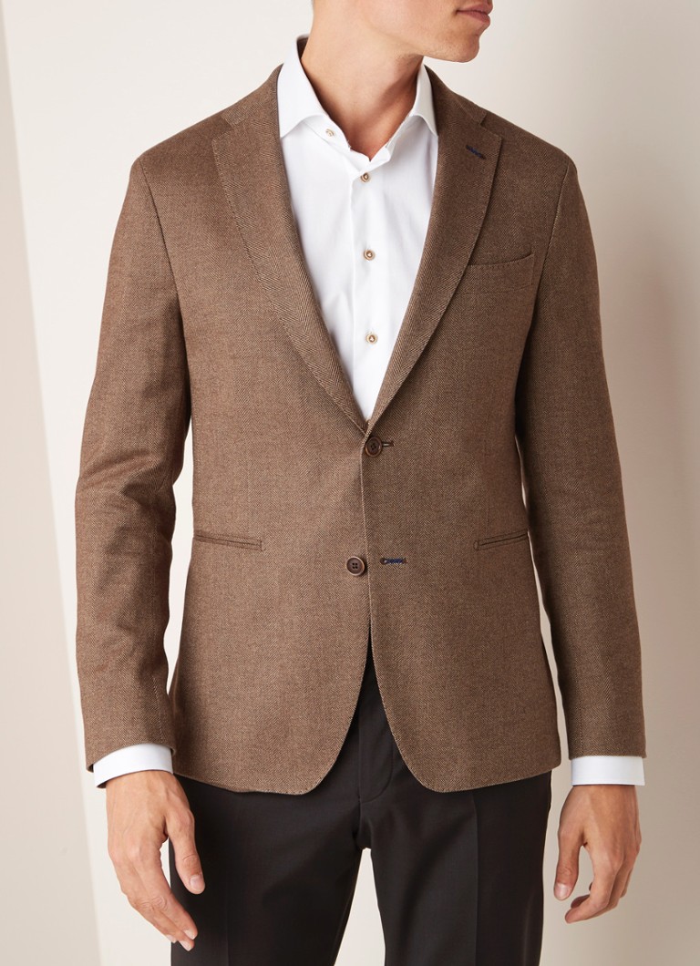 Van Gils - Elray tailored fit colbert in kasjmierblend met visgraatdessin - Bruin
