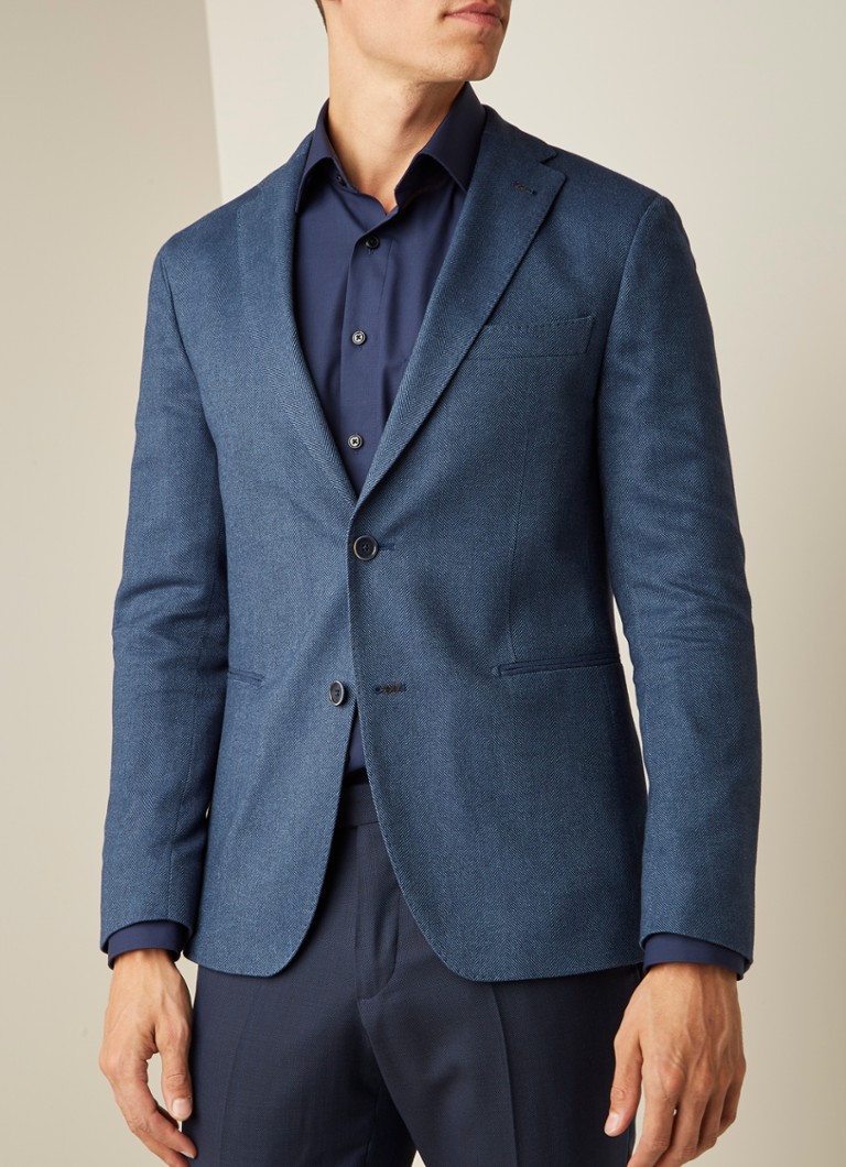 Van Gils - Elray tailored fit colbert in kasjmierblend met visgraatdessin - Donkerblauw