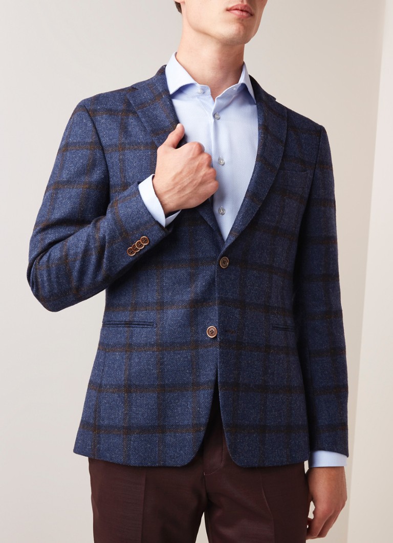 Van Gils - Elray tailored fit colbert van wol met ruitdessin - Blauw