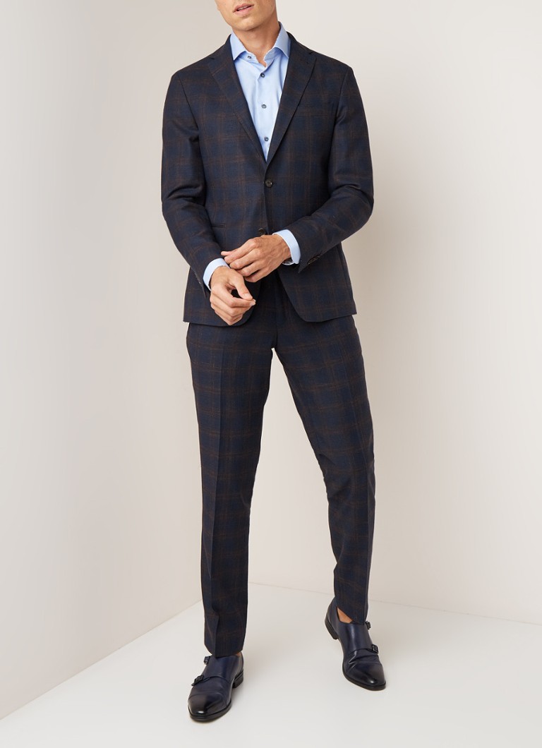 Van Gils - Elray tailored fit pak van wol met ruitdessin - Donkerblauw