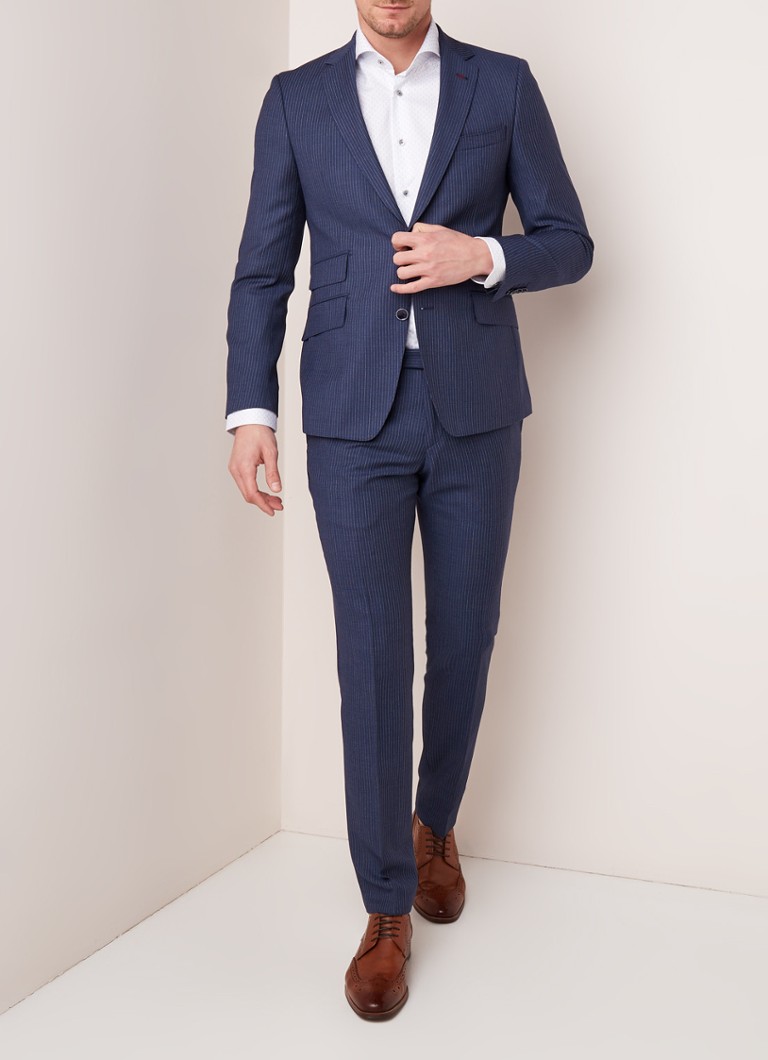 Van Gils - Zenar slim fit pak van wol met streepdessin - Donkerblauw