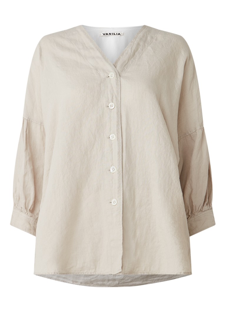 Vanilia - Shirty blouse van linnen met pofmouw - Zand
