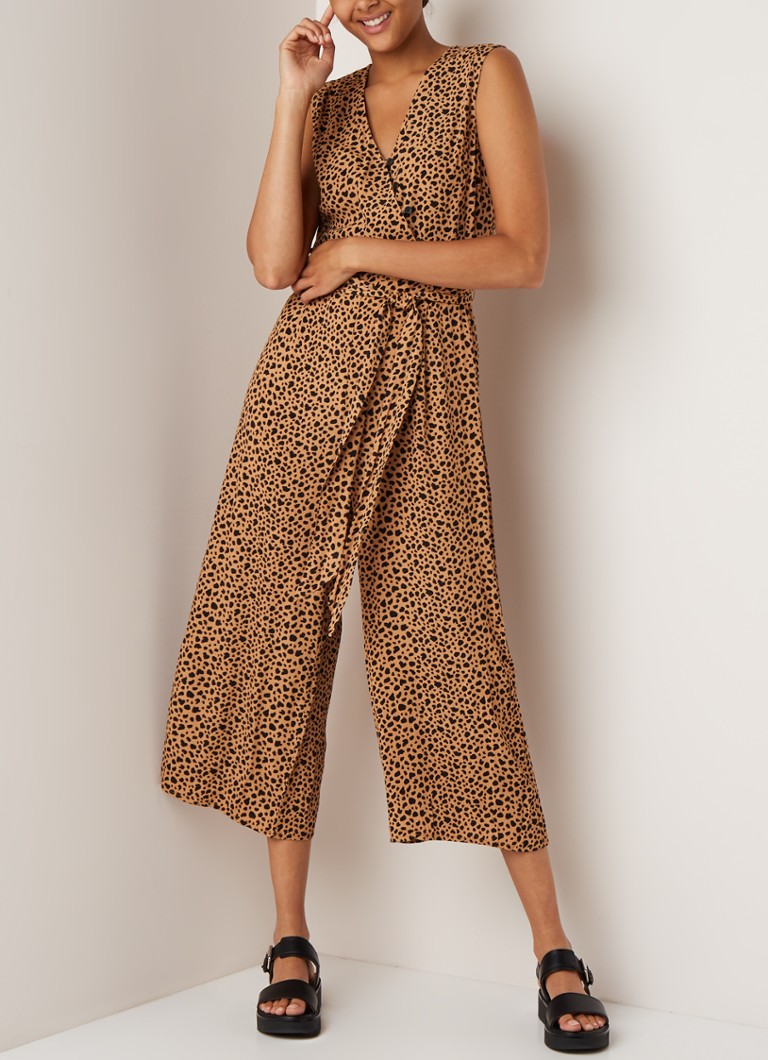 Warehouse - Jumpsuit met ceintuur en dessin - Lichtbruin