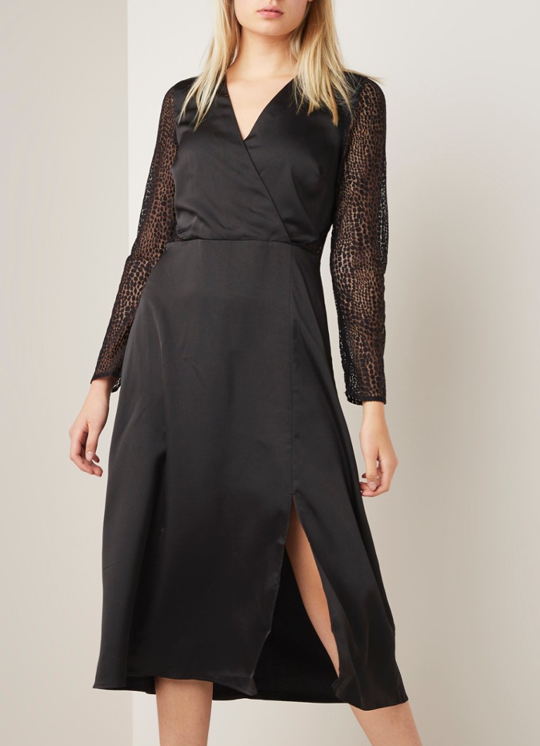 Warehouse - Midi-jurk met overslag en mouwen van kant - Diepzwart