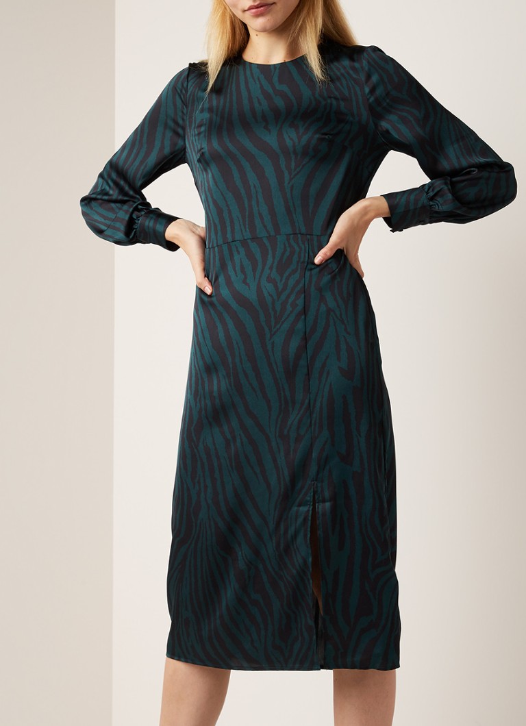 Warehouse - Midi-jurk van satijn met zebradessin en cut out - Donkergroen