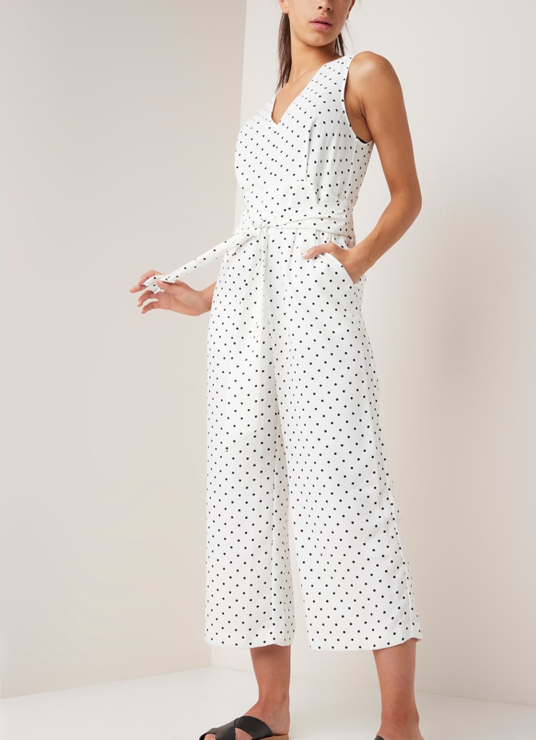 Warehouse - Spot wide fit jumpsuit met stippendessin en strikceintuur - Wit