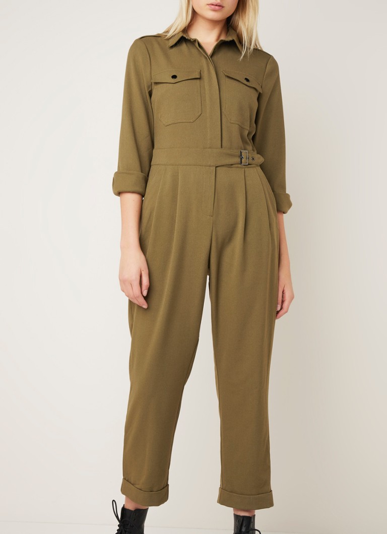 Warehouse - Straight fit jumpsuit met ceintuur en borstzak - Khaki