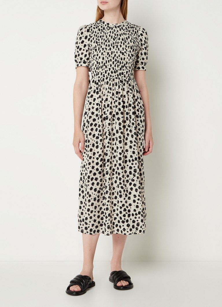 Whistles Dalmatian midi jurk met smockwerk en print • Beige • de Bijenkorf
