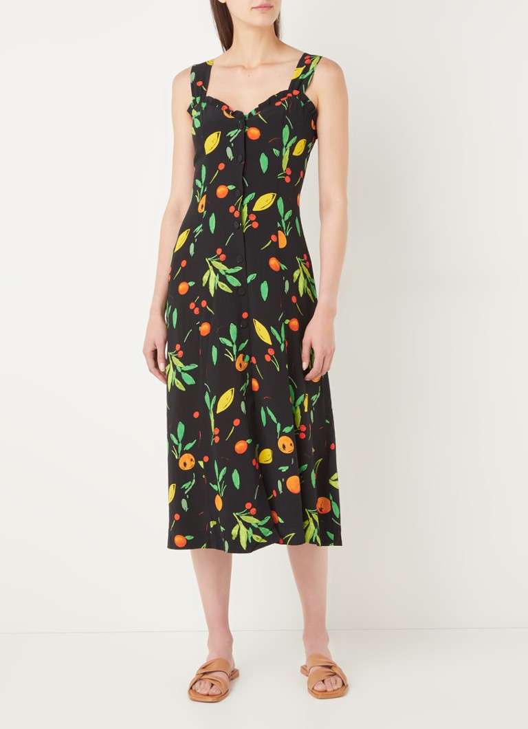 Whistles - Fruit Print Frill Midi jurk met print en sweetheart halslijn - Zwart