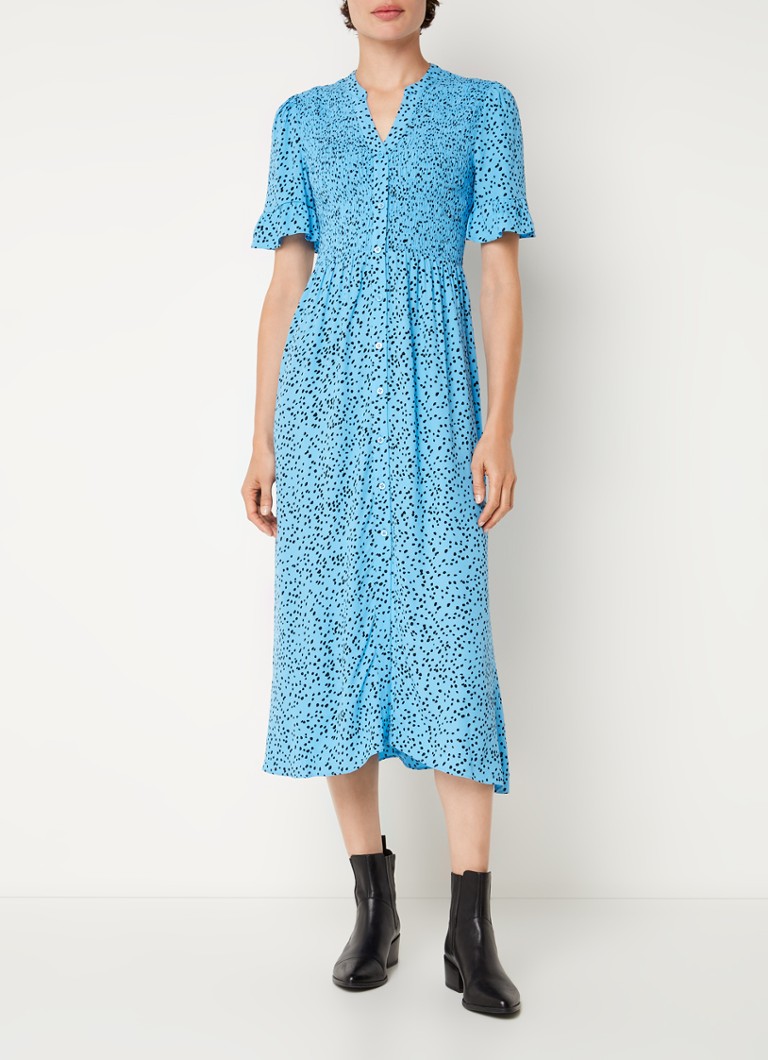 Whistles Midi blousejurk met smockwerk en print • Blauw • de Bijenkorf