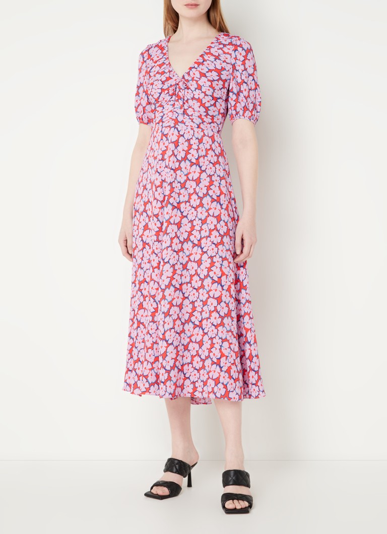 Whistles Midi jurk met pofmouw en bloemenprint • Rood • de Bijenkorf