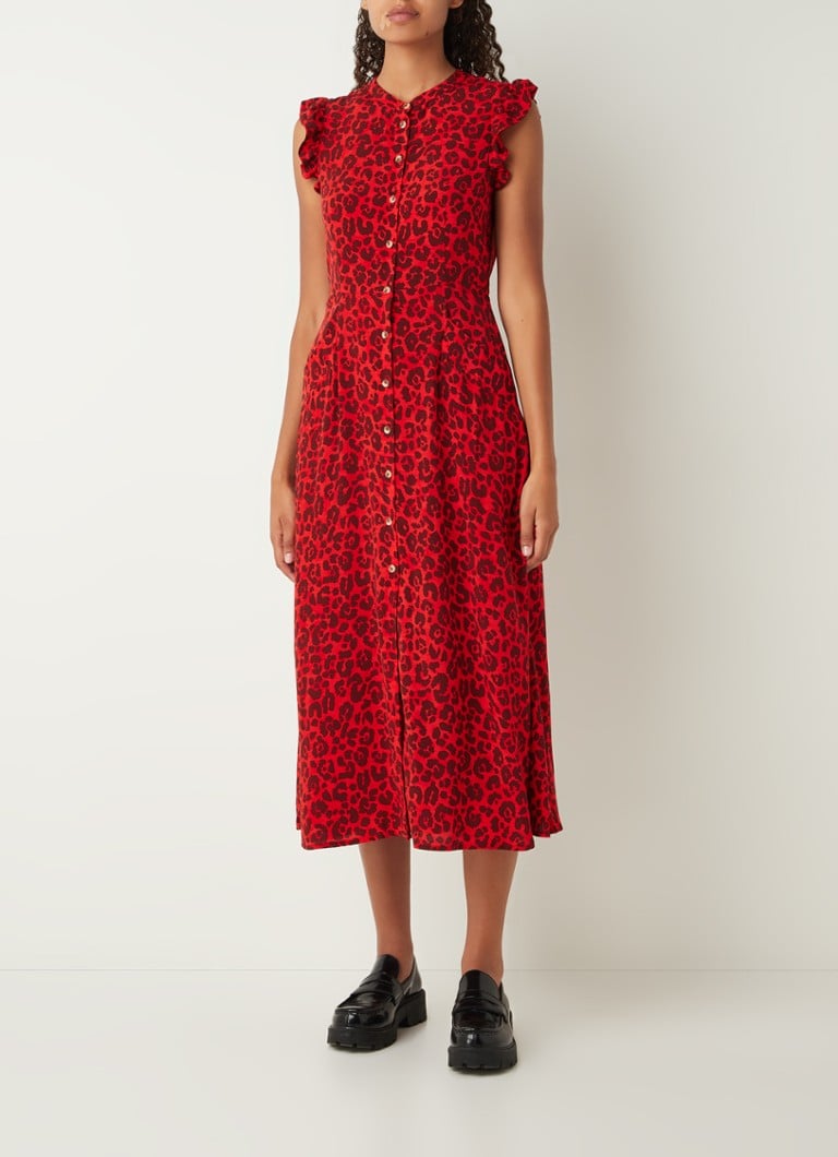 Whistles - Mouwloze midi jurk met panterprint en steekzakken - Rood