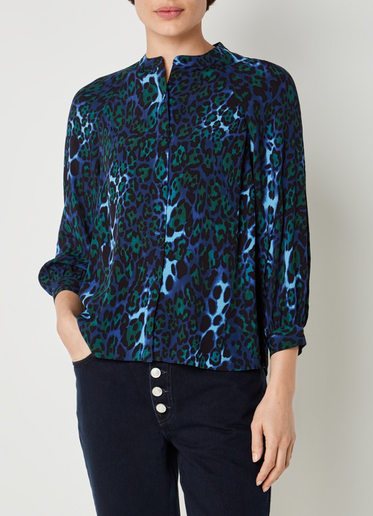 Whistles Night cat top met panterprint en opstaande kraag • Kobaltblauw