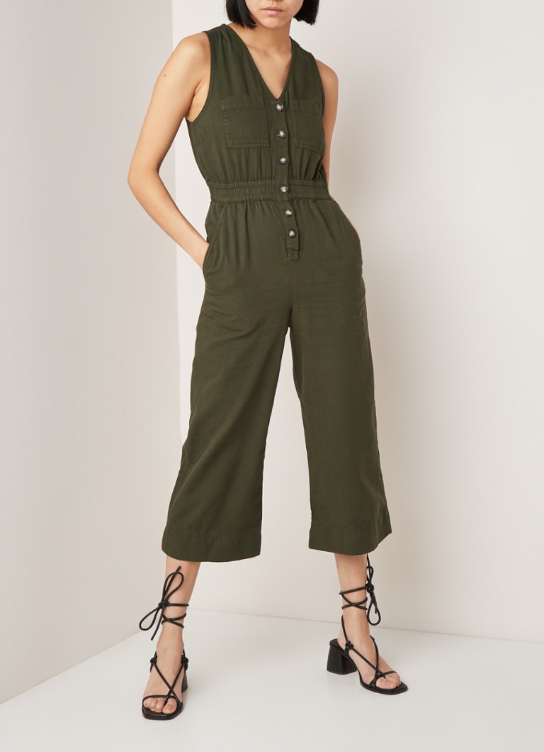 Whistles - Ria loose fit cropped jumpsuit van denim met knoopsluiting - Donkerkhaki