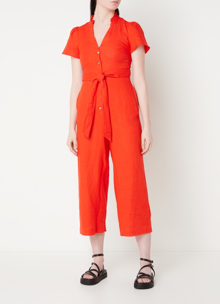 Whistles Straight fit cropped jumpsuit van linnen met strikceintuur