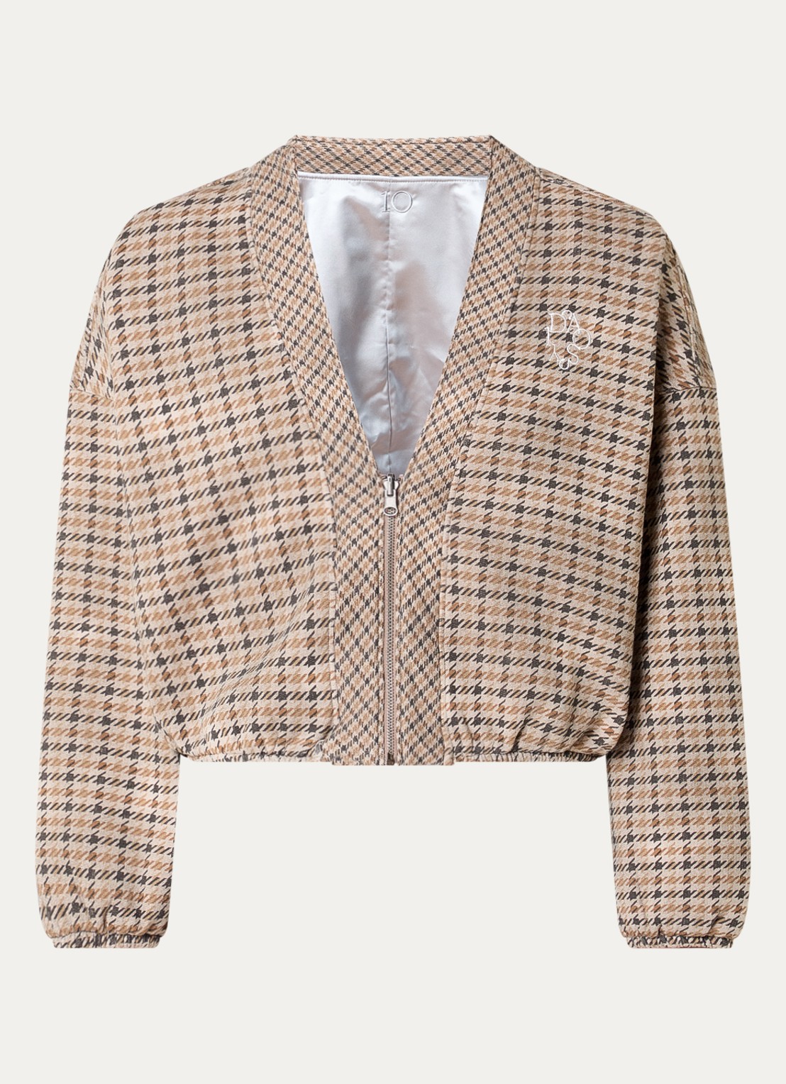 10DAYS Cropped sweatvest met pied-de-poule dessin en logo - voorkant 3 donkerbeige