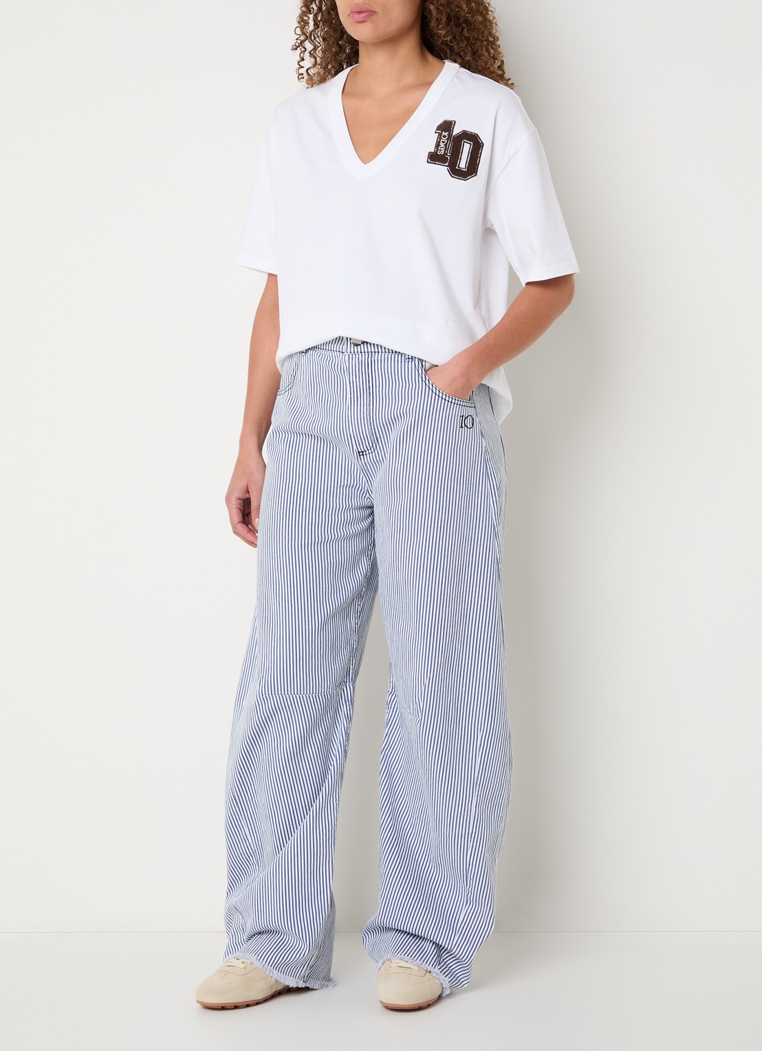 10DAYS High waist wide fit broek met streepprint - voorkant 2 staalblauw