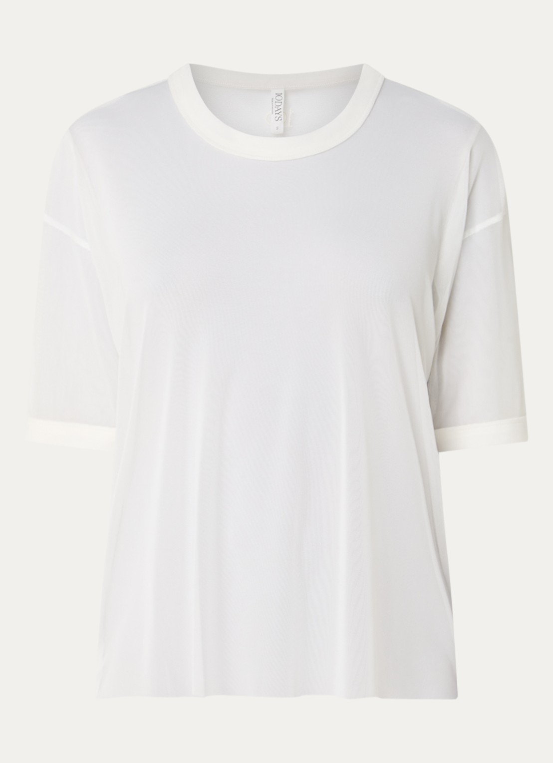 10DAYS Semi-transparant T-shirt van mesh - voorkant gebroken wit