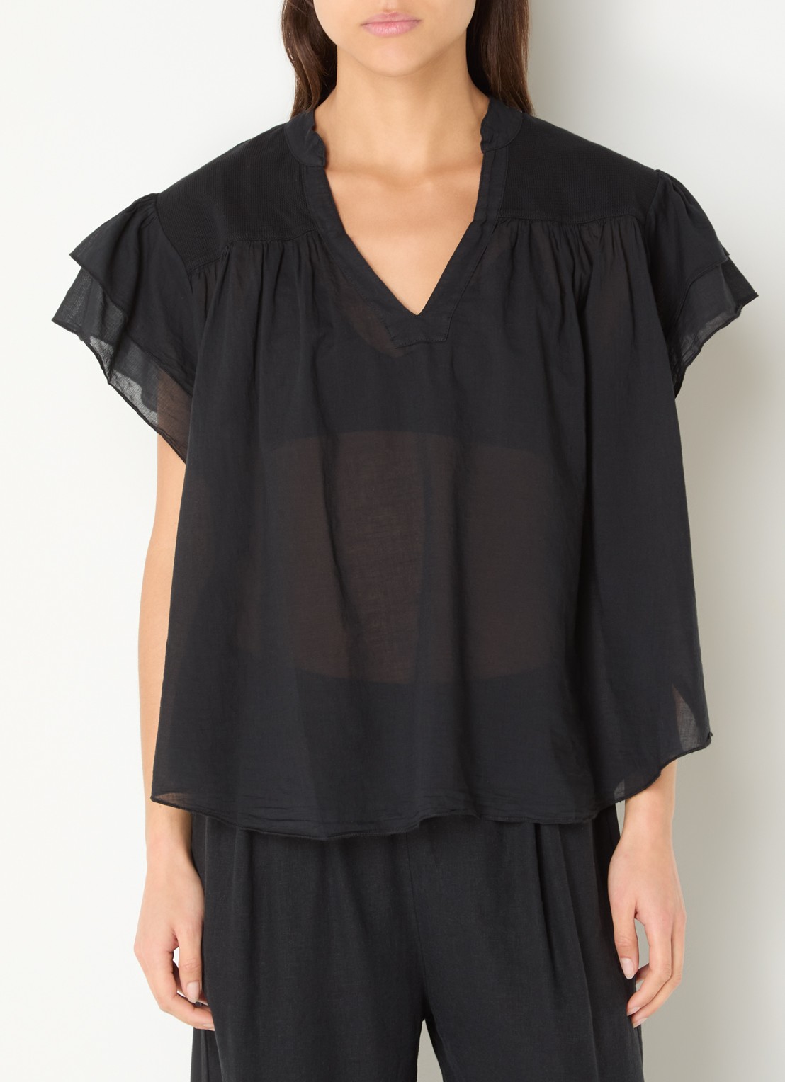 10DAYS Semi-transparante top met V-hals - detail 4 zwart