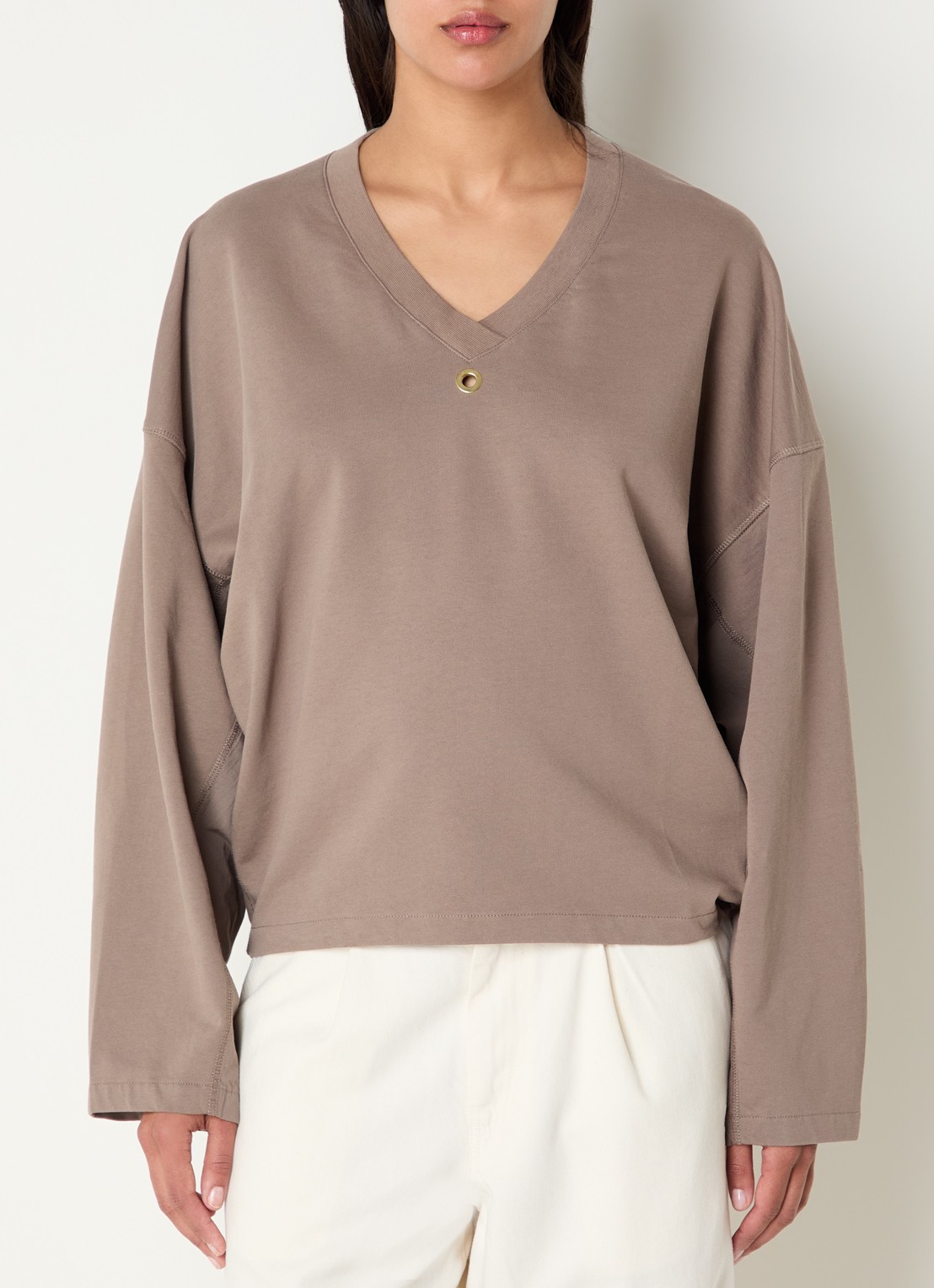 10DAYS Sweater met V-hals - detail donkerbeige
