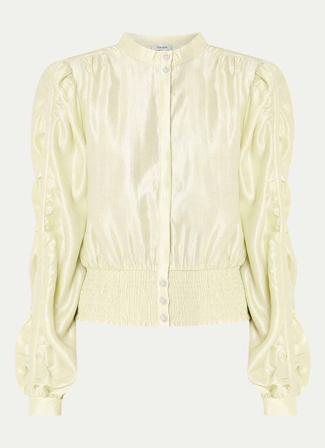 Aaiko Beaudine blouse met ballonmouw en metallic finish - voorkant 2 lichtgeel