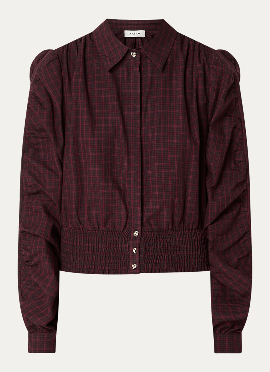 Aaiko Beaudine blouse met ruitdessin en ballonmouw - voorkant 2 bordeauxrood