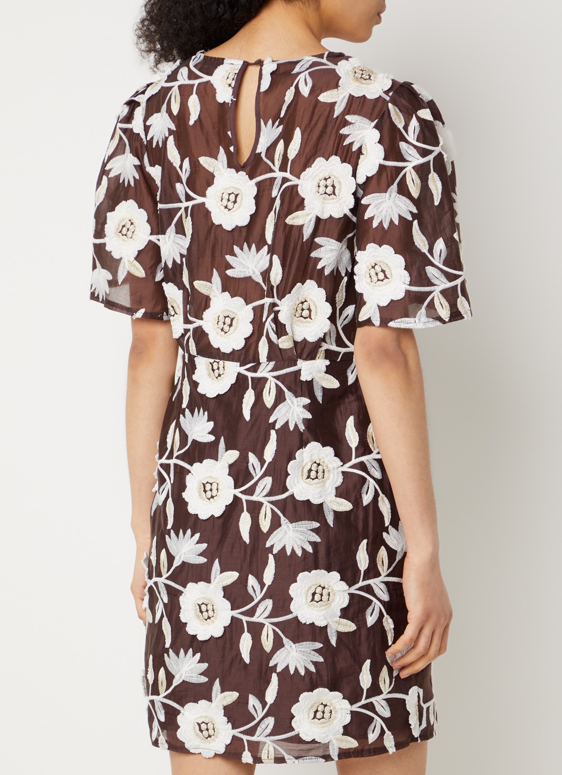 Aaiko Celina mini jurk met ceintuur en bloemenprint - achterkant donkerbruin