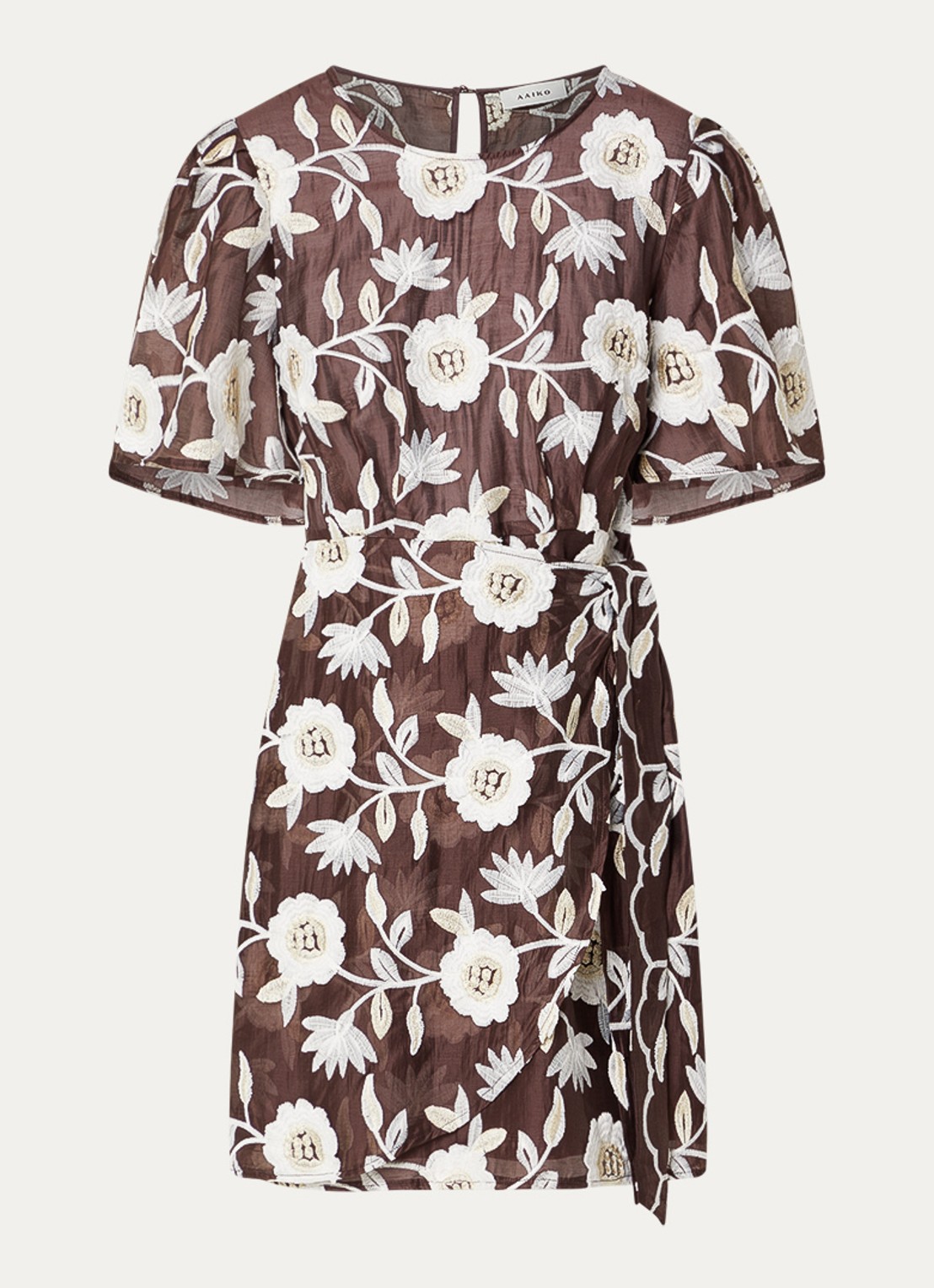 Aaiko Celina mini jurk met ceintuur en bloemenprint - voorkant 2 donkerbruin