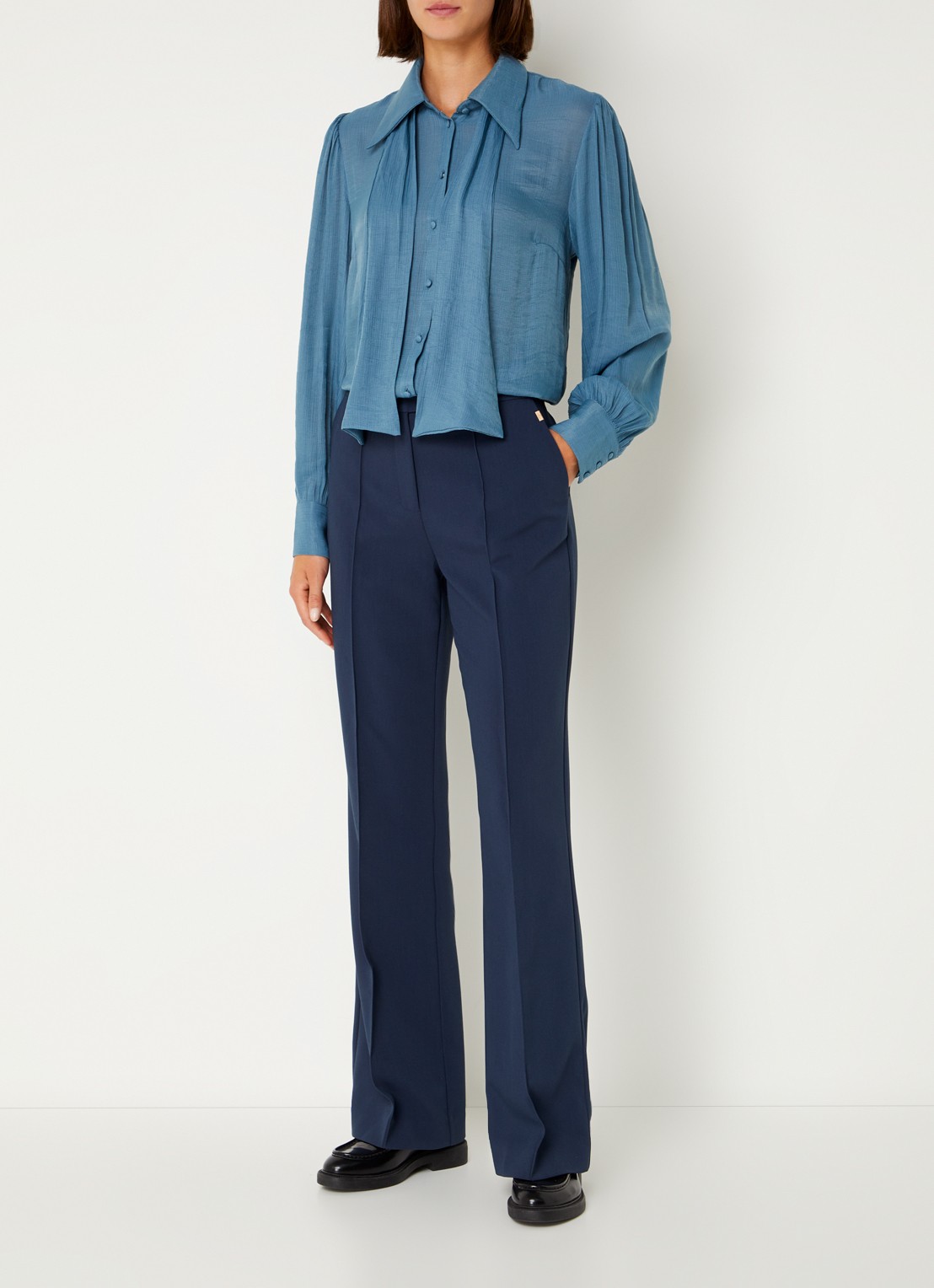 Aaiko Chantalle high waist wide fit pantalon met persplooi en structuur - voorkant 2 donkerblauw