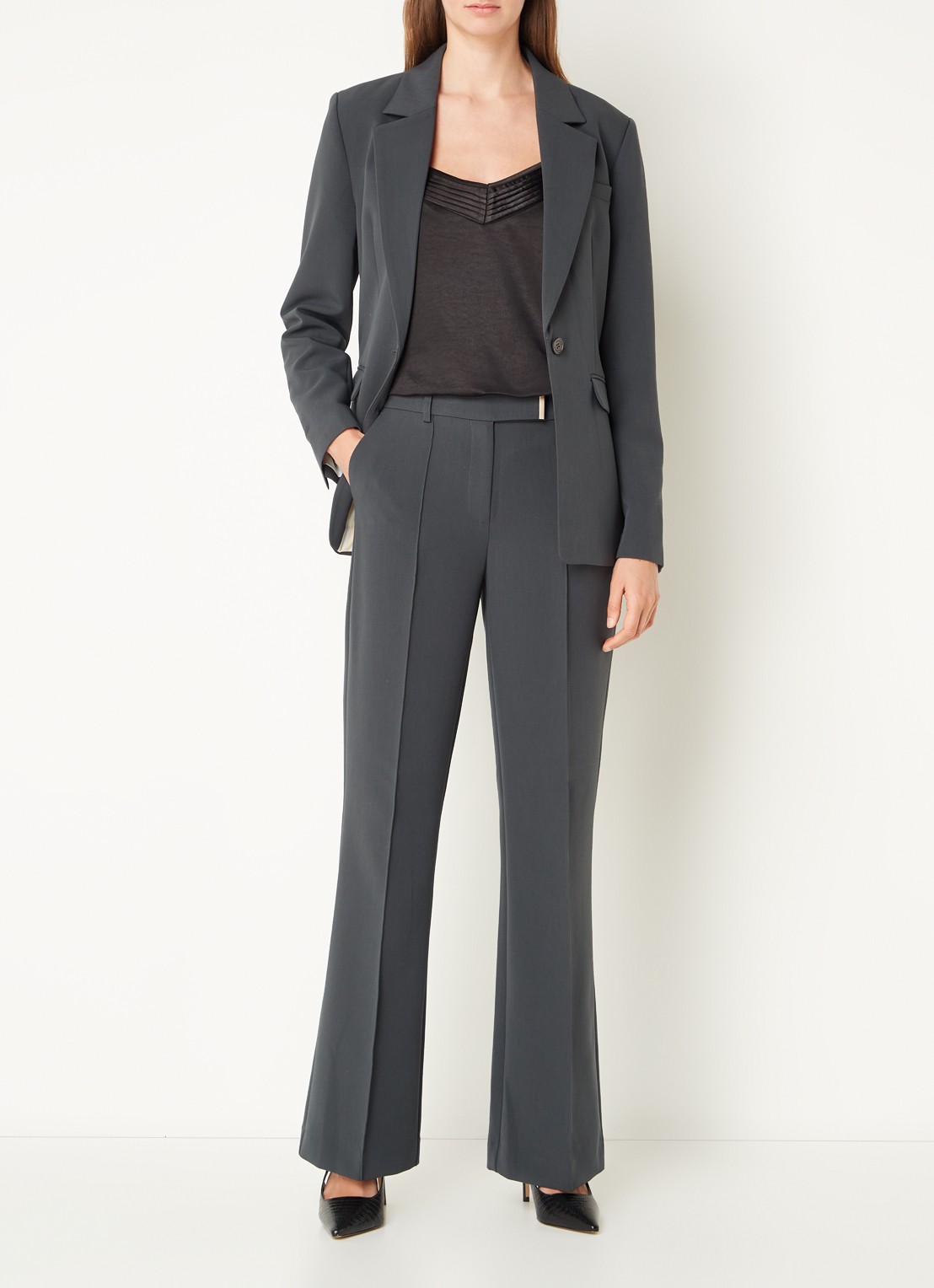 Aaiko Chantalle high waist wide fit pantalon met persplooi en structuur - voorkant 4 donkergrijs