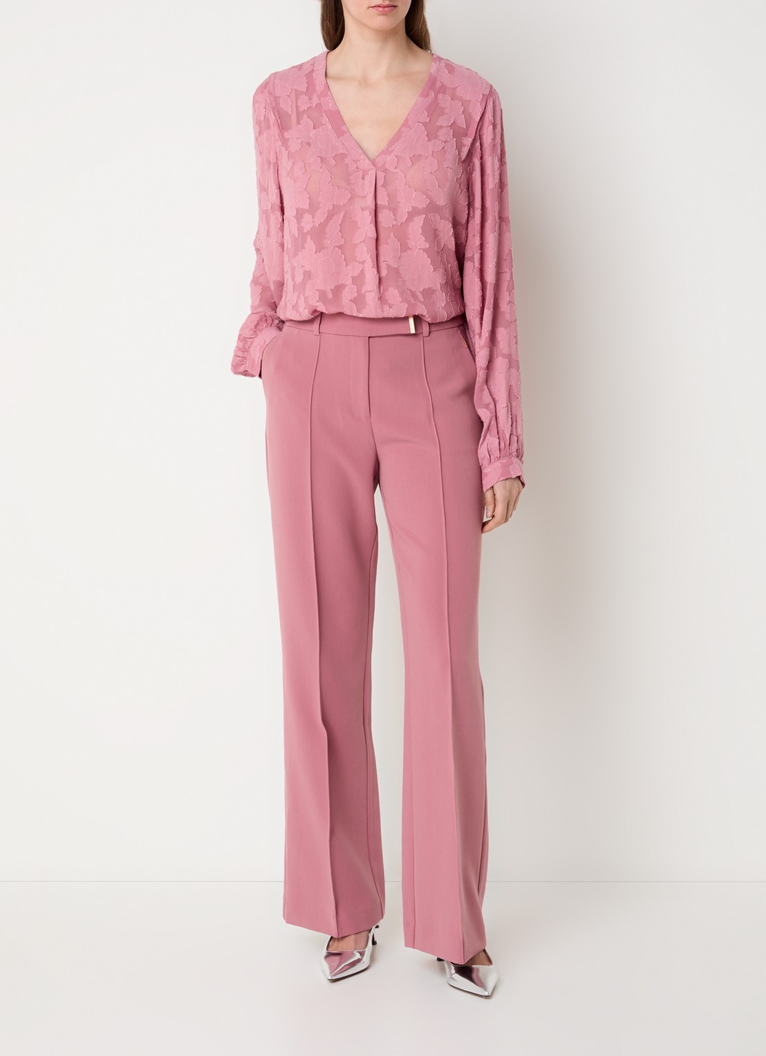 Aaiko Chantalle high waist wide fit pantalon met persplooi en structuur - voorkant 4 oudroze