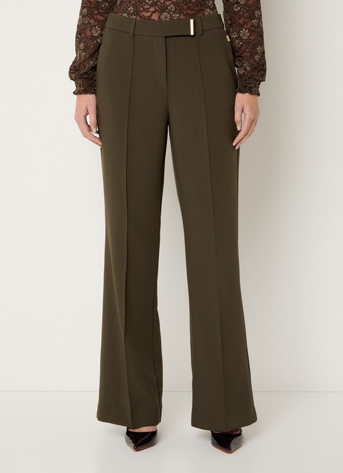 Aaiko Chantalle high waist wide fit pantalon met persplooi en structuur - detail bronsgroen