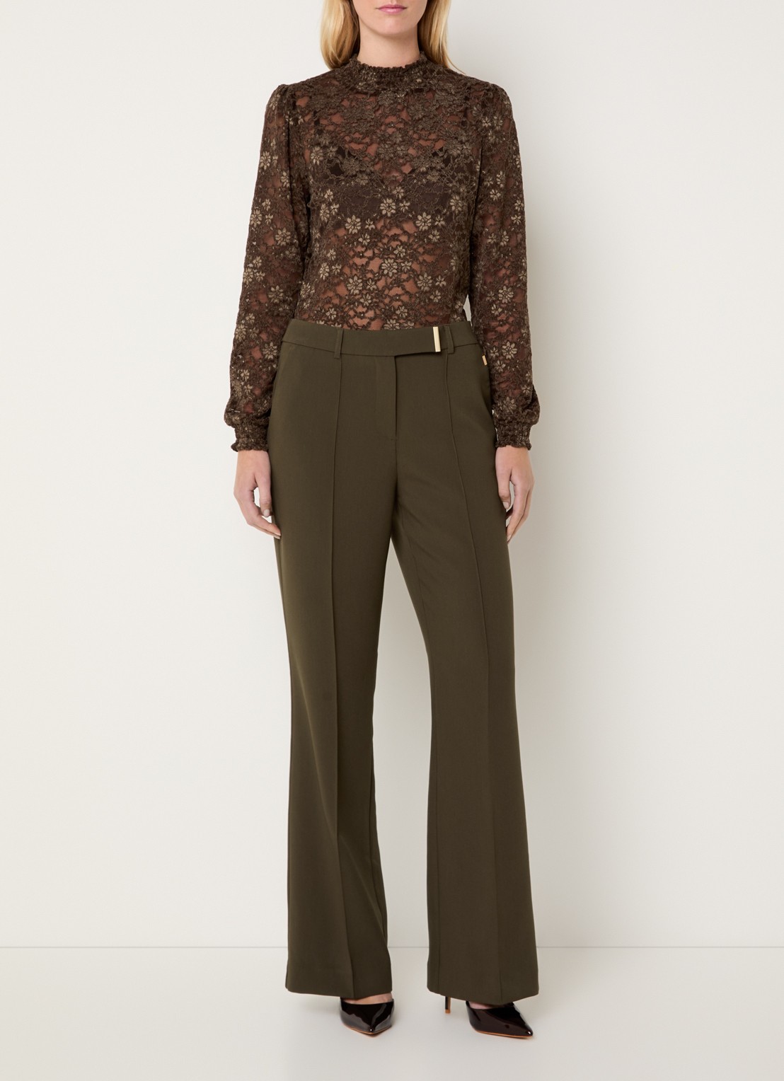 Aaiko Chantalle high waist wide fit pantalon met persplooi en structuur - voorkant 4 bronsgroen