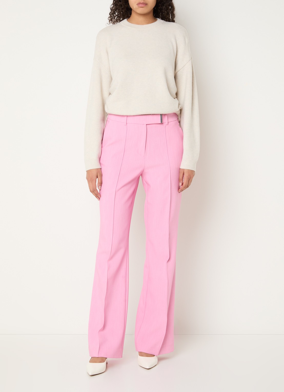 Aaiko Chantalle high waist wide fit pantalon met persplooi en structuur - voorkant 2 lichtroze