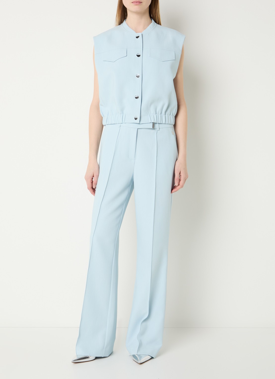 Aaiko Chantalle high waist wide fit pantalon met persplooi en structuur - voorkant 4 lichtblauw