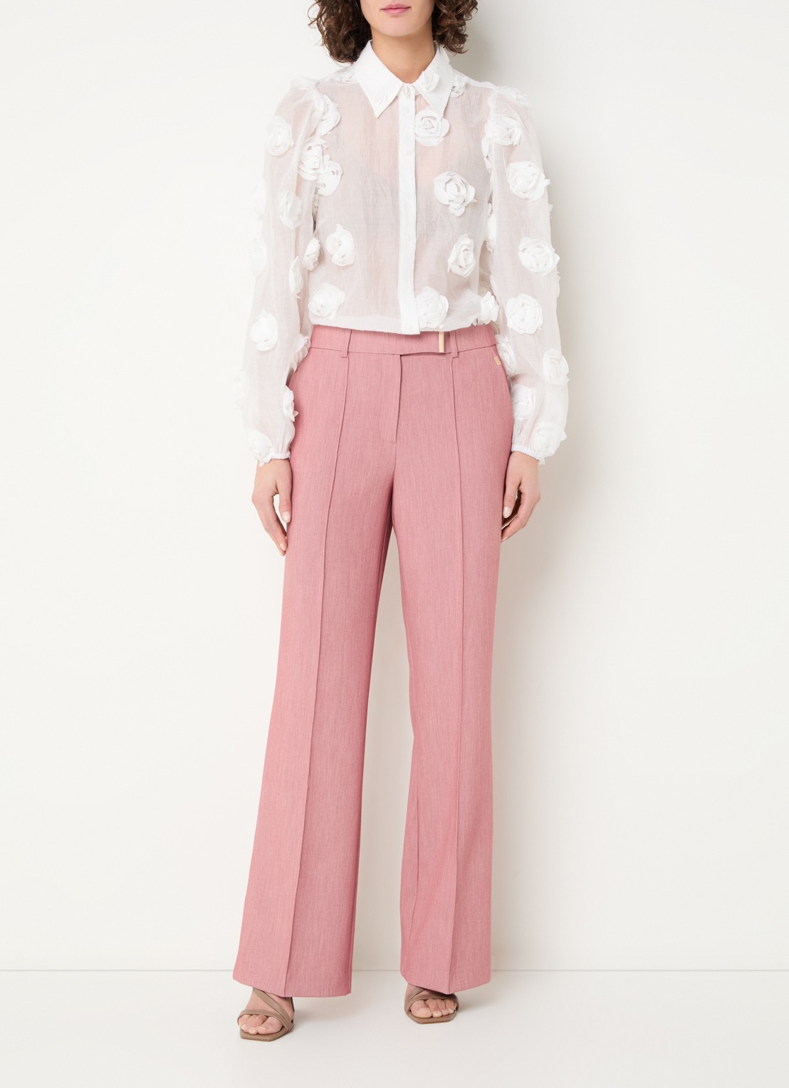 Aaiko Chantalle high waist wide fit pantalon met persplooi en structuur - voorkant 2 roze