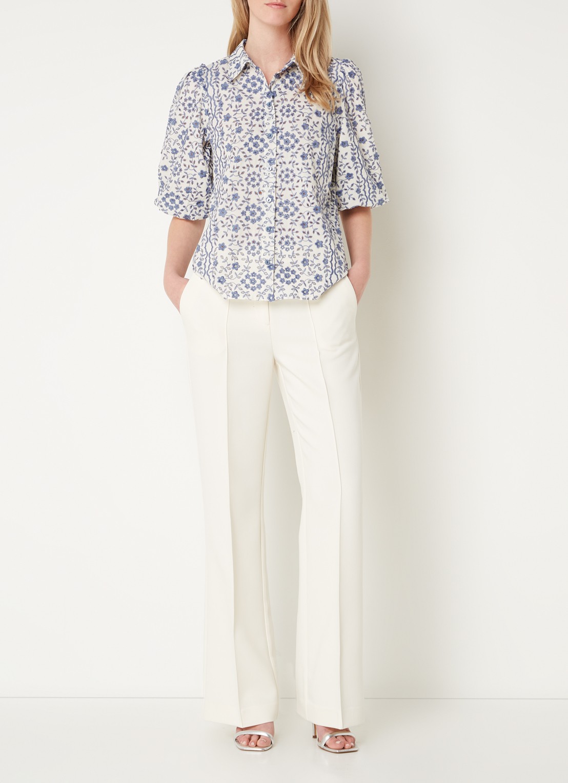Aaiko Chantalle high waist wide fit pantalon met siernaad - voorkant 2 creme