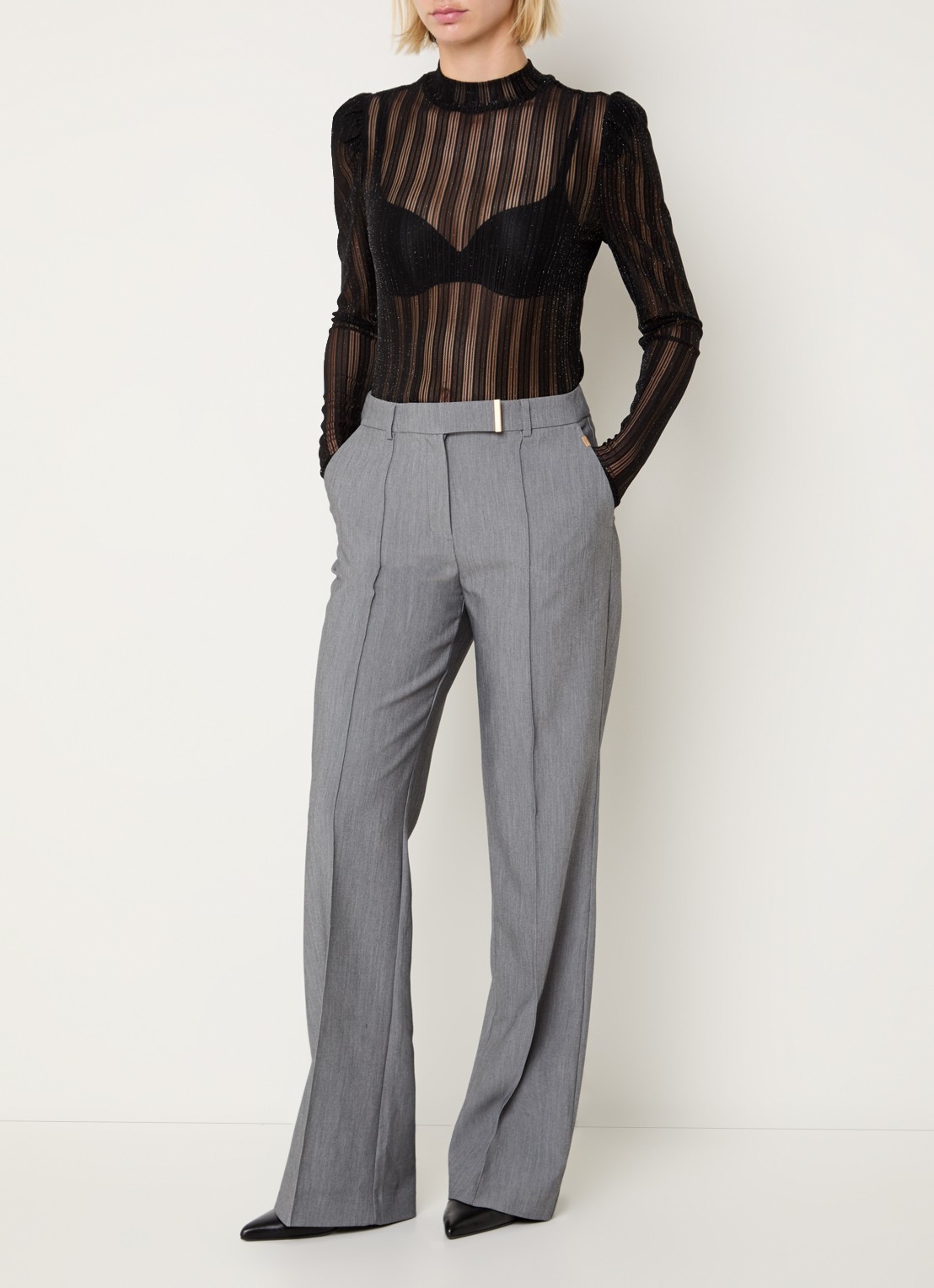 Aaiko Chantalle high waist wide fit pantalon met siernaad - voorkant 4 middengrijs