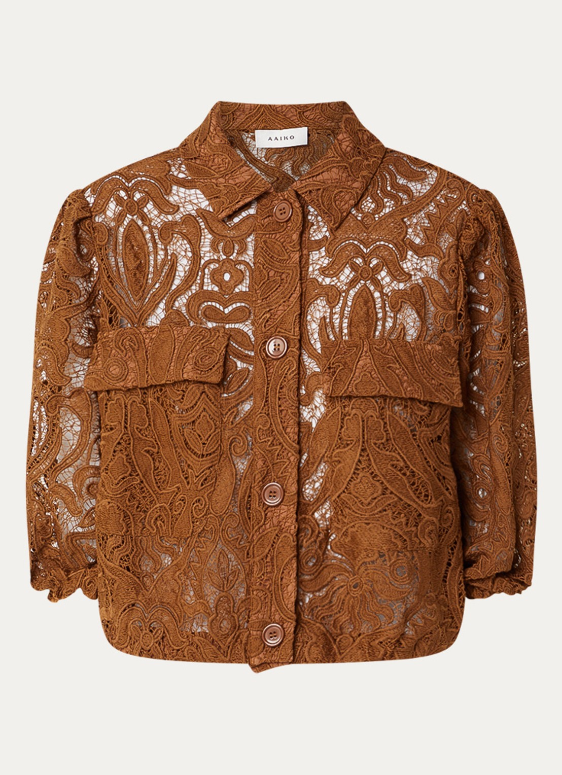 Aaiko Cozy blouse met broderie en ballonmouw - voorkant 3 cognac