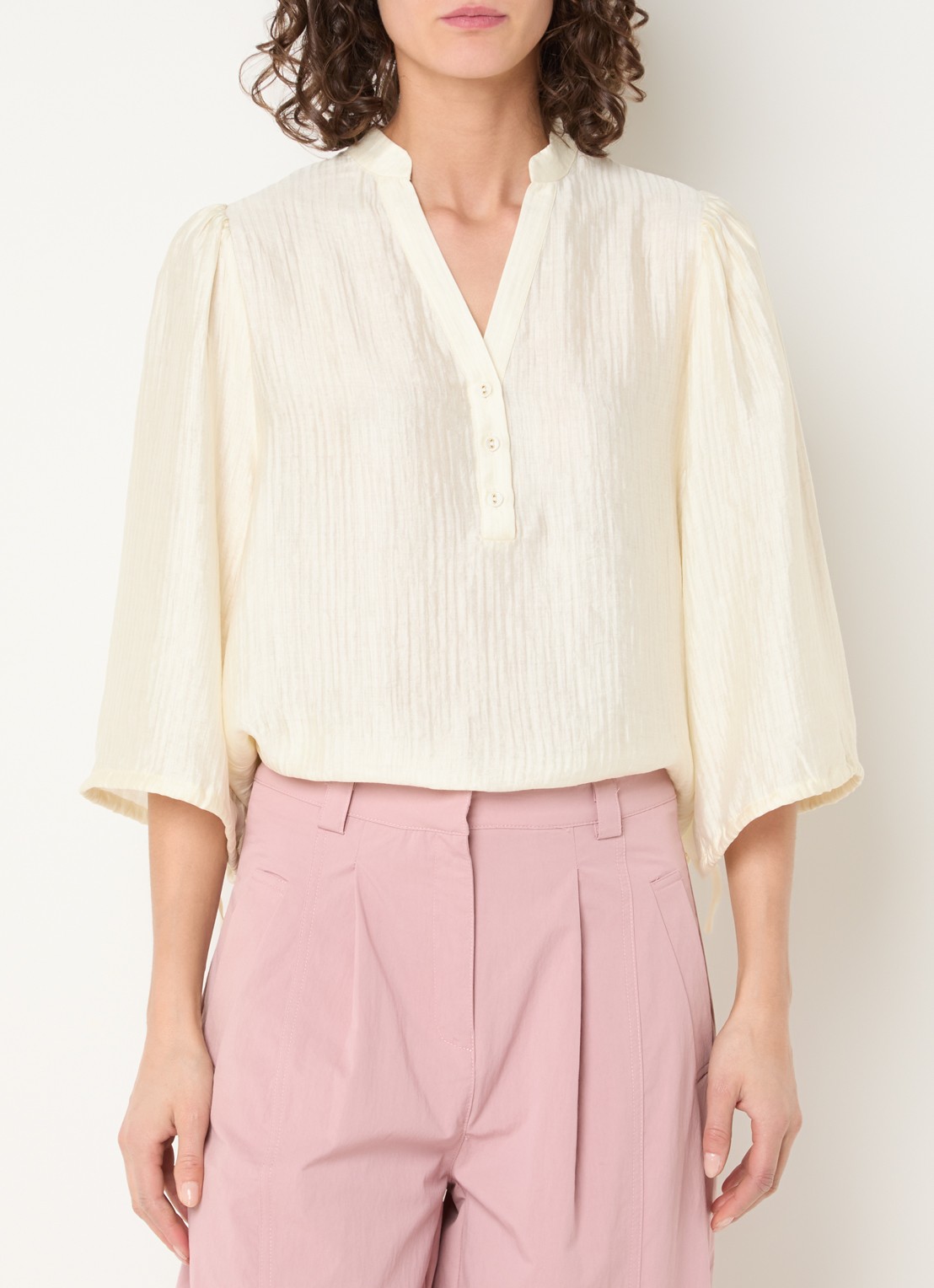 Aaiko Dahla tuniek met V-hals en ballonmouw - detail taupe