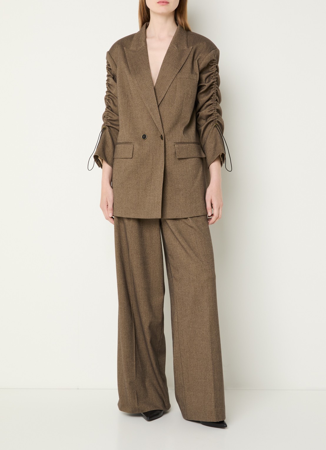 Aaiko Hailey Tweed mid waist wide fit pantalon met paspelzakken - voorkant 4 lichtbruin