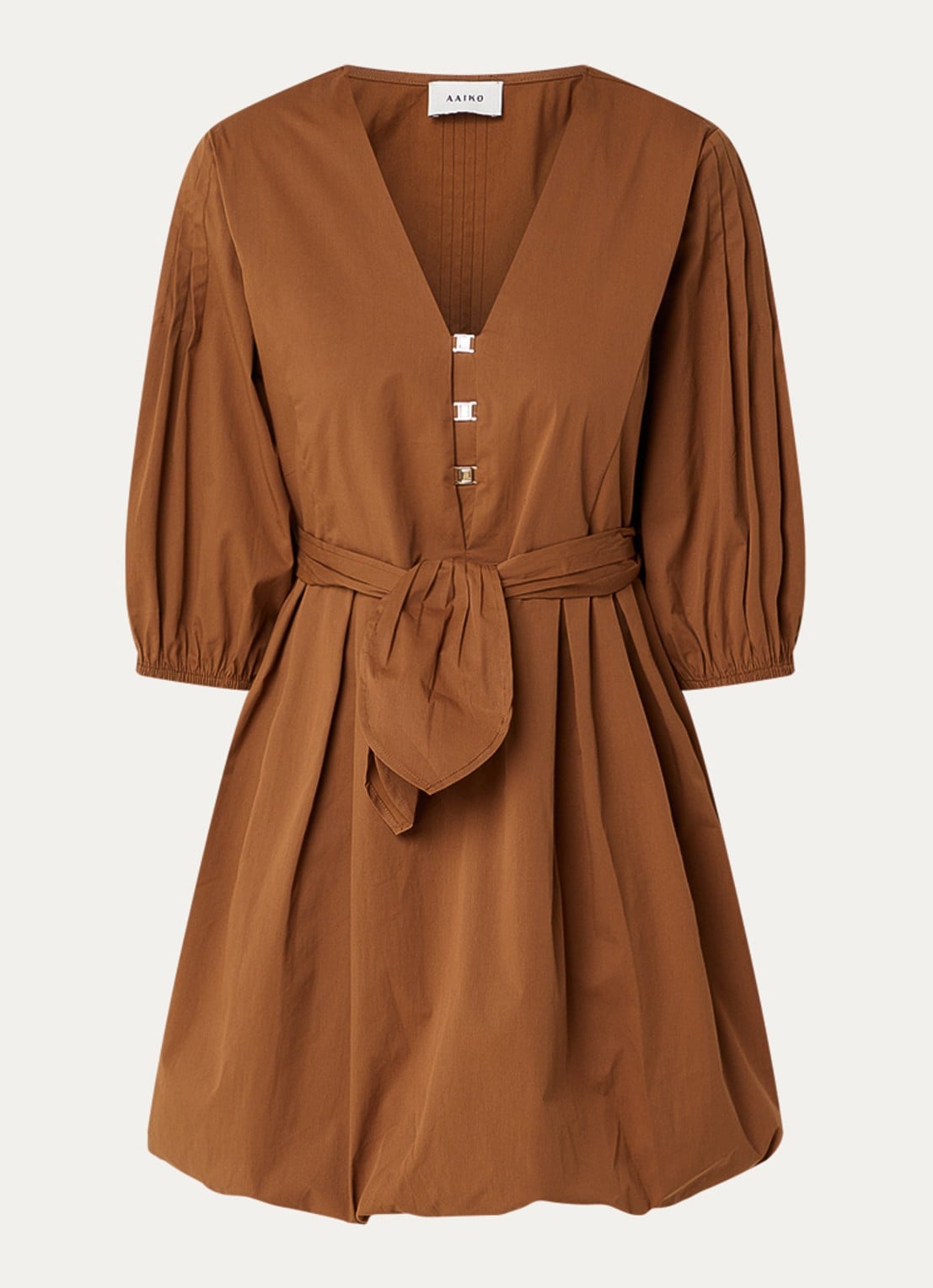 Aaiko Isolde mini jurk met ceintuur en ballonmouw - voorkant 3 cognac